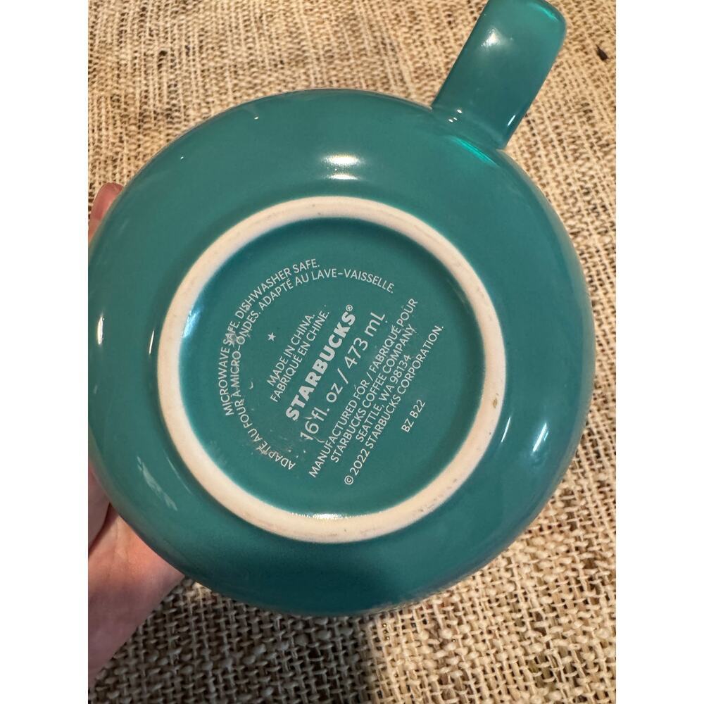 Starbucks 2022 Holiday Mug Spearmint Turquoise Green Floral Lace Ceramic - Picture 3 of 3